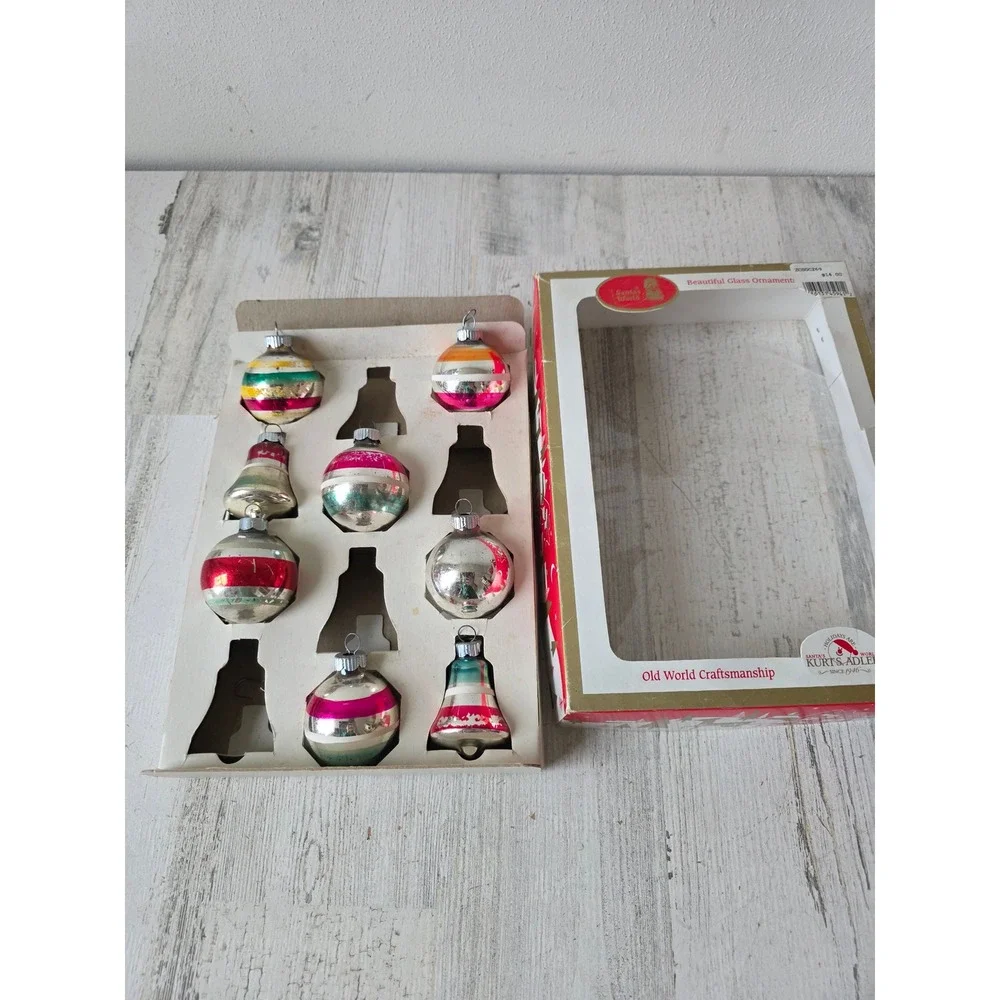 Vintage shiny Brite ornament set Bell striped pink green red box Xmas tree